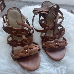 Ivanka Trump Gold Bead Brown Leather Wedge Sandals Sz 7.5